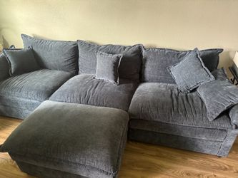 Large Light Blue Fabric Sofa with Ottoman