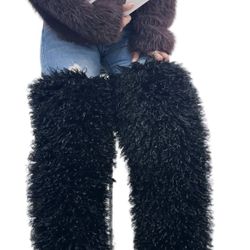 Mongolian plush fur thigh-high boots, 29 inches above the knee (Black Color)
