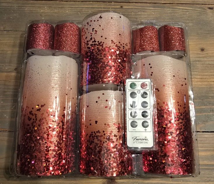 FURORA LIGHTING Red Glitter Real Wax LED Candles with Remote and 6/18 Timer, 4 Pillars and 4 Votives Pack of 8, Flameless Flickering Candles for Home