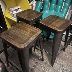 Set of 3 Industrial Bar Stools – Wood + Black Metal