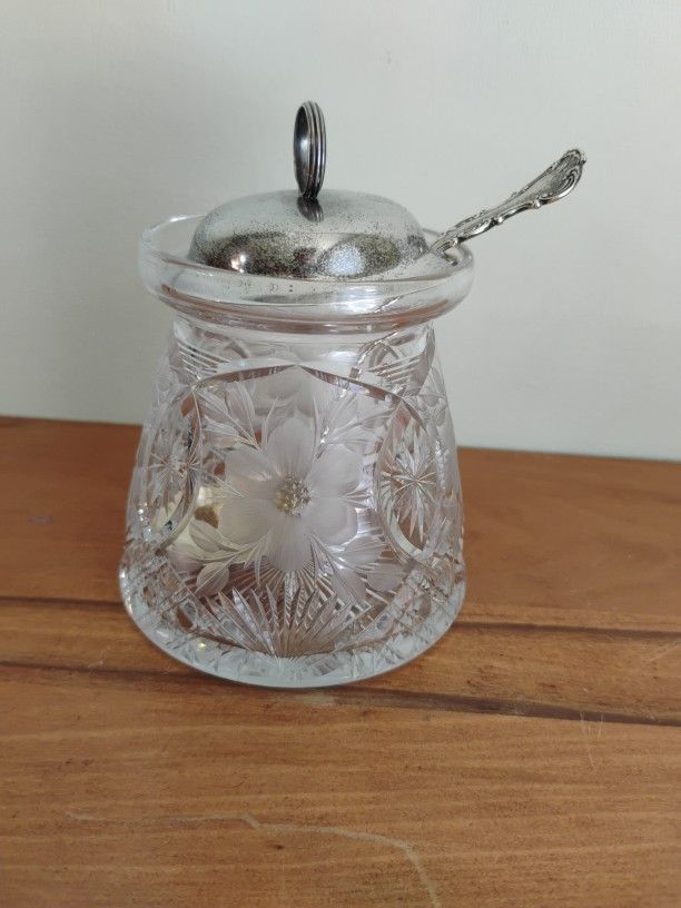 ANTIQUE CUT CRYSTAL JAM JAR W/STERLING LID AND SPOON 