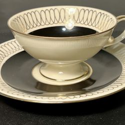 Schirnding Bavaria 1950s Qualitats Porzellan Black White Cup Saucer, Germany