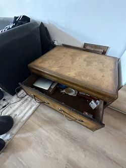 Old World Map Print Coffee End Table and Wine Bar Trunk with Sliding Top  and Drawers 