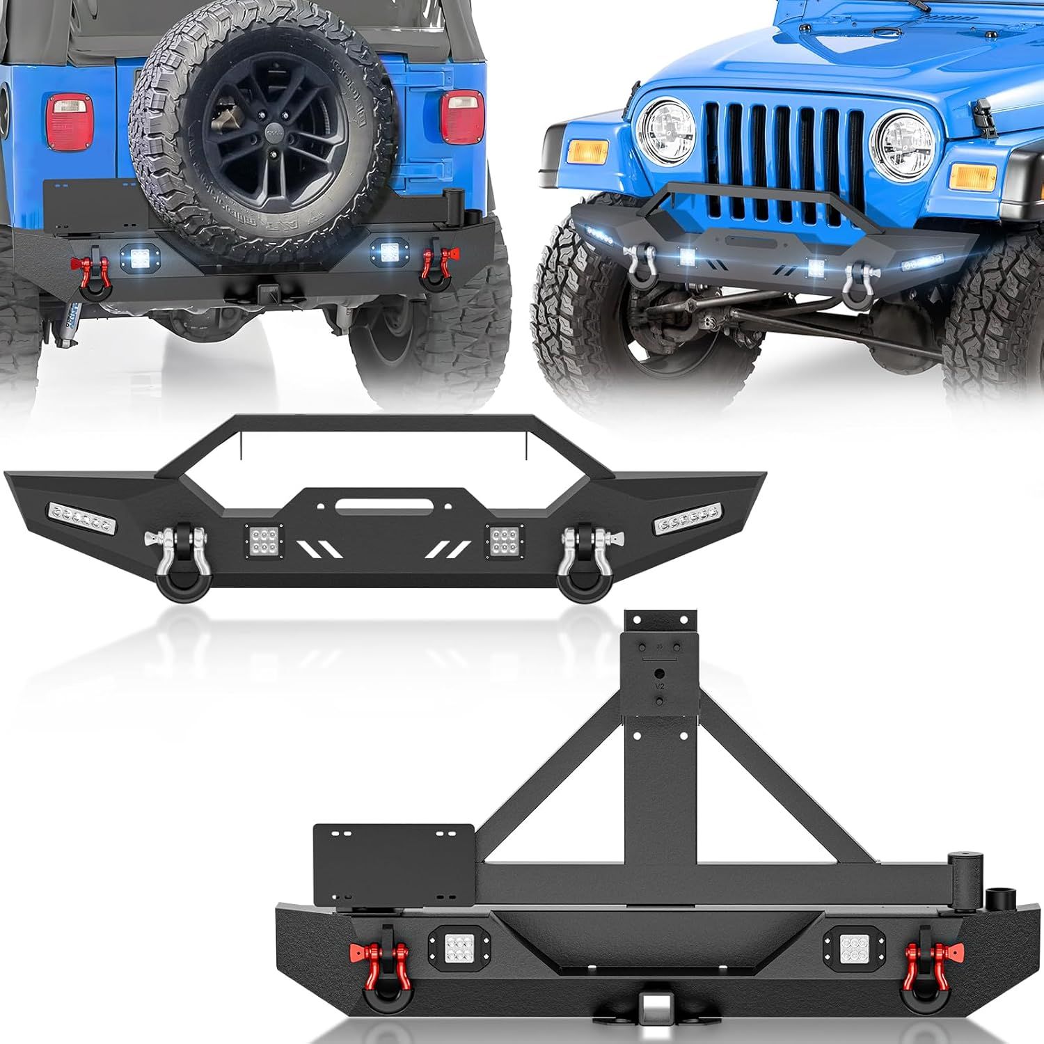 for Wrangler TJ LJ YJ Rear Bumper with Spare Tire Carrier Compatible with 1987-2006 Jeep Wrangler TJ LJ YJ with Winch Plate, License Plate Frame, LED