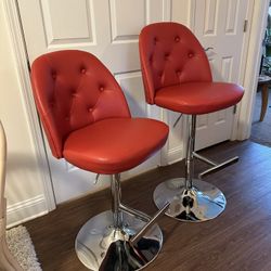 Authentic Red Leather Barstools (4) With Metal Frame 