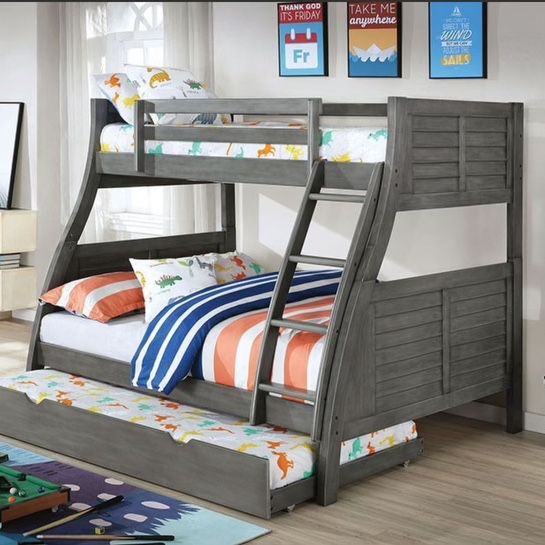 Gray Full / Twin Wooden Bunkbed & Trundle, With All 3 Nice Mattresses Included  👈🏼 