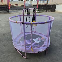 Trampoline for Kids with Enclosure, 440lbs Capacity Indoor & Outdoor Toddler Trampoline with Adjustable Gymnastics Bar & Toys, for Boys & Girls