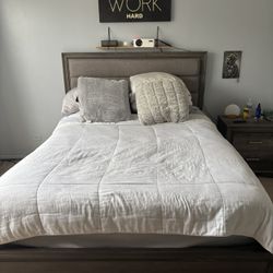 Queen Bed Frame + Mattress + Box Spring + Matching Nightstand (Full Set) (Sturdy Wood, Upholstered Headboard, Great Condition)