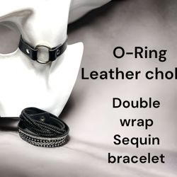 2-piece l Leather Choker O-ring l Sequin Wrap-bracelet l New