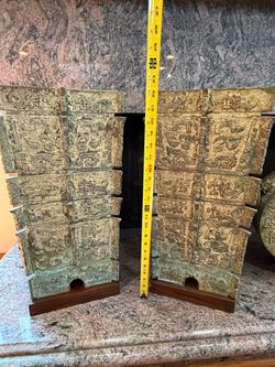 Stunning Pair of Massive Vintage Chinoiserie Bronze Lamps Bases – Archaic Fanglei Style (20kg)