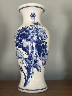 Vase, Blue Flowers, Porcelain, Height 12.5” X Width (largest) 5.5”