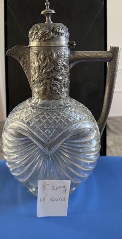  Antique English Victorian Sterling Silver &  Crystal-Cut Decanter ,Claret Jug,Please Check Out All Photos For More Details 