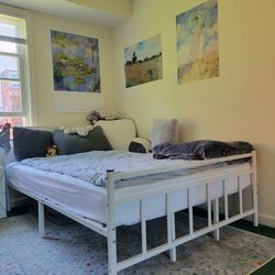 Full-size white bed frame + mattress