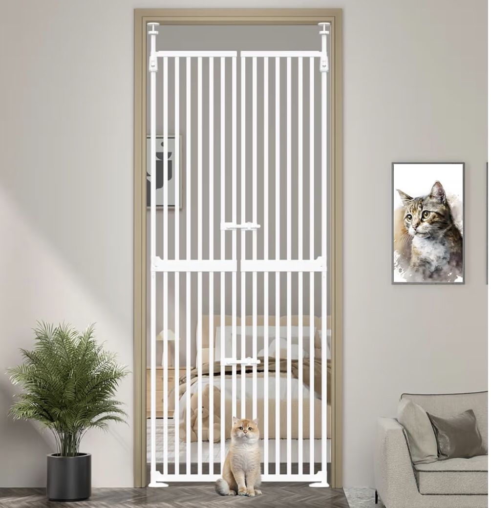 71" to 98”High , Extra Tall Cat Gate Double Pet Door for Doorway, No Drilling Need it