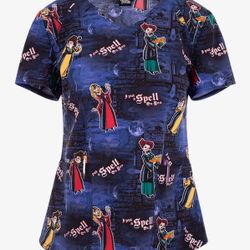 Tooniforms Disney's Hocus Pocus Spell Casters Women's 2-Pocket STRETCH V-Neck Print Scrub Top