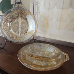 Vintage Amber Depression Glass Divided Relish Dishes – Set of 2