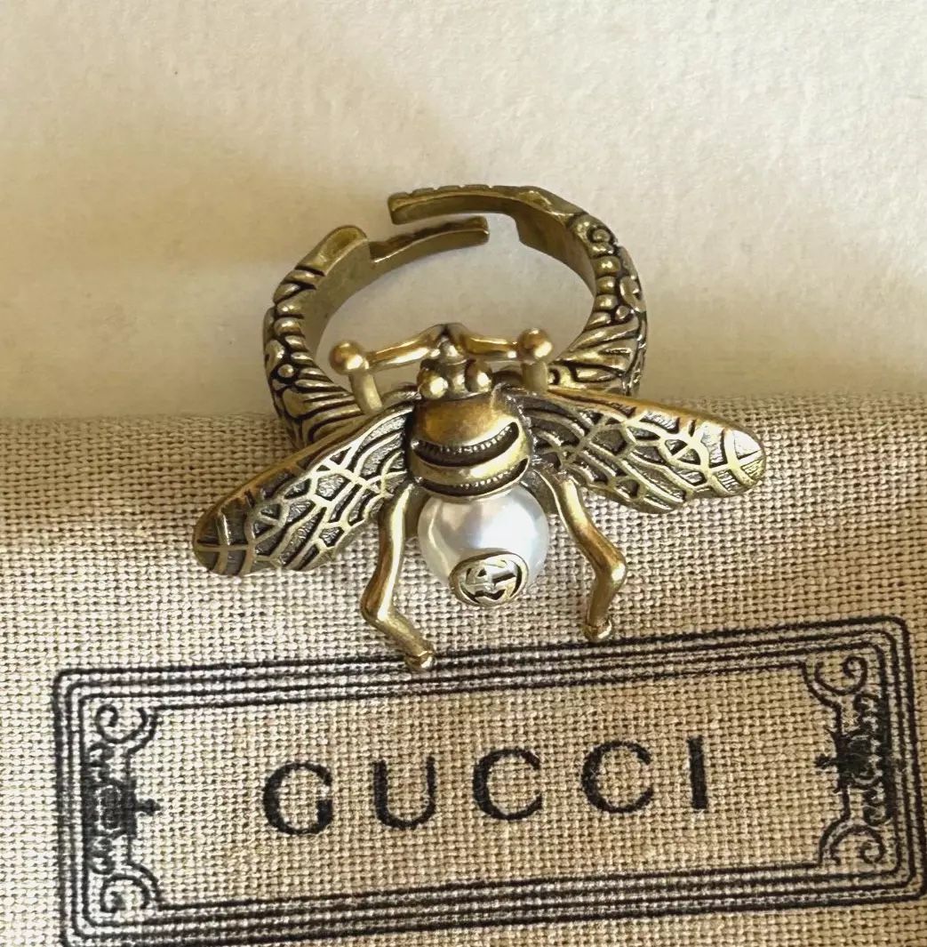 Gucci Aged Gold Bee With White Pearl Ring Size 7 adjustable
