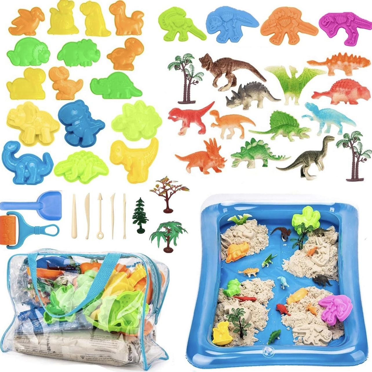 BOTINDO Play Sand Kit for Kids - 48 PC Dinosaur SandBox Toys,3lbs Moving Sand with 2 Colors,Dinosaur Figures,Molds Tools,Sand Tray and Storage Bag,Cre