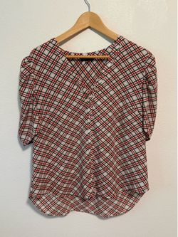 1  STATE Women 1X / XL Plaid Puff Sleeve Blouse V-Neck Casual Workwear Top  Chic