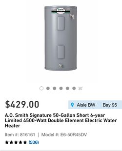A.O. Smith Signature 50-Gallon Short 4500-Watt Double Element Electric Water  Heater Model #: E6-50R45DV for Sale in Opa-locka, FL - OfferUp
