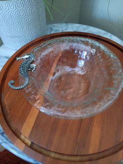 Seahorse Bubble Glass Blue-Green Bowl with a Silver Seahorse Motif