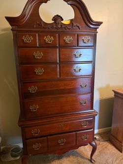 Cherry Wood Highboy Dresser with Brass Hardware