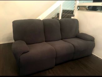 Dark Grey 3-Seat Reclining Sofa,  Area Rug, Canvas Painting,  Throw Pillows