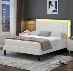 Queen Bed Frame with RGB LED Lights, Upholstered Platform Bed Frame with Headboard, Wood Slat Support, No Box Spring Needed, Quiet Design, Easy Assemb