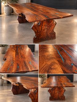 One-of-a-Kind Live Edge Solid Wood Table with Turquoise Inlay