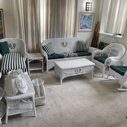 13pc  White Wicker Green Cushion  Living Room Sofa Set with Accessories  