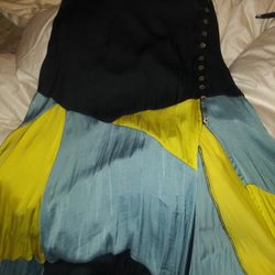 Blue black Yellow Side Button Skirt With Side Slit