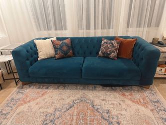 Premium Saloni Furniture Set: Teal Velvet Sofas & Brown Leather Accent Chair + Ottoman