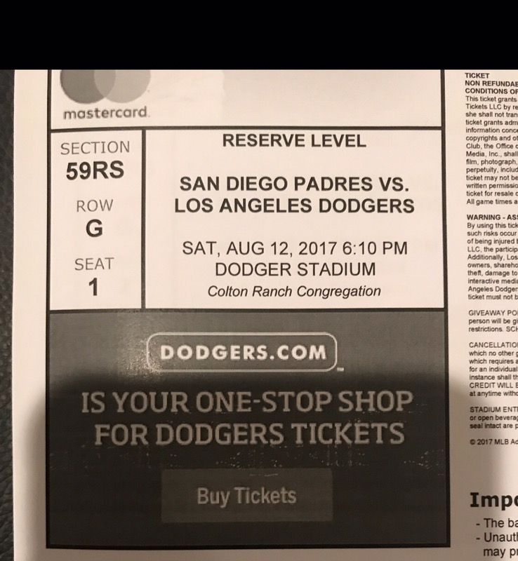 Dodgers Tickets Saturday 8/12 6PM (Reserve Level Tickets) 6 Available