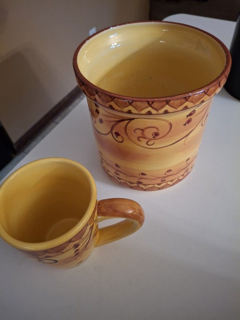 Handpainted Utensil Holder/4 Coffee Mugs/Platters