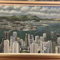 Hong Kong Aerial Over View , Oil Painting on Canvas with Signature by Philip ng. 