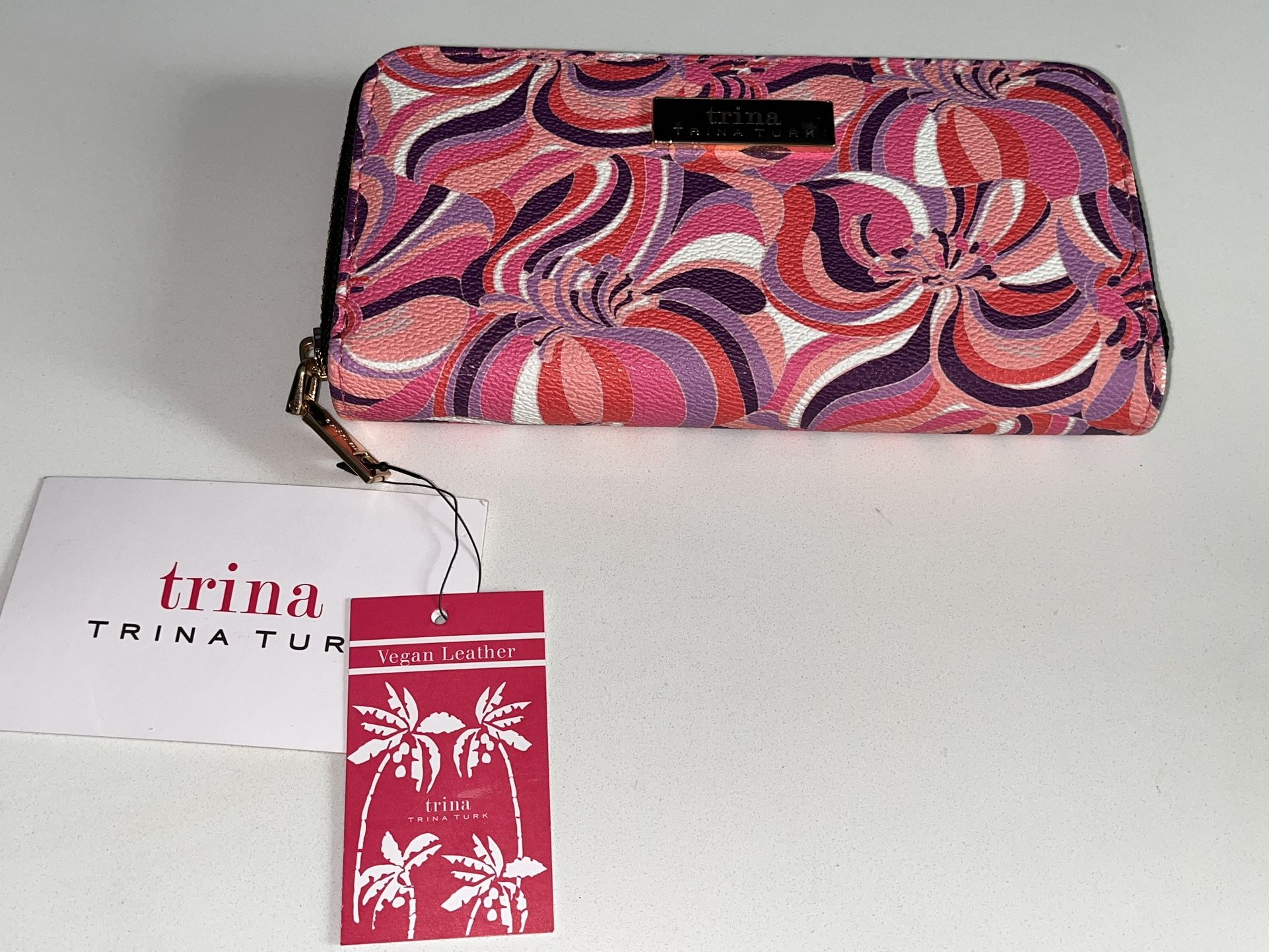 Trina Turk Vegan Leather Zip Wallet – NWT – Pink & Purple Swirl Print