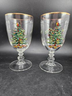 Spode Christmas Tree Gold Rim Water Goblets Set of 2 Holiday Stemware 8"