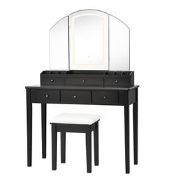 Vanity Table Stool Set Black Jewelry Armoire Large Tri-folding Lighted Mirror 6 Drawer Dresser 58.5" x 40" x 16"