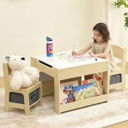 OOOK 4 in1 Kids Table and Chair Set with Storage Drawer and Book Rack Wood Kids Craft Table with Whiteboard, Blackboard, Detachable Tabletop, Activity