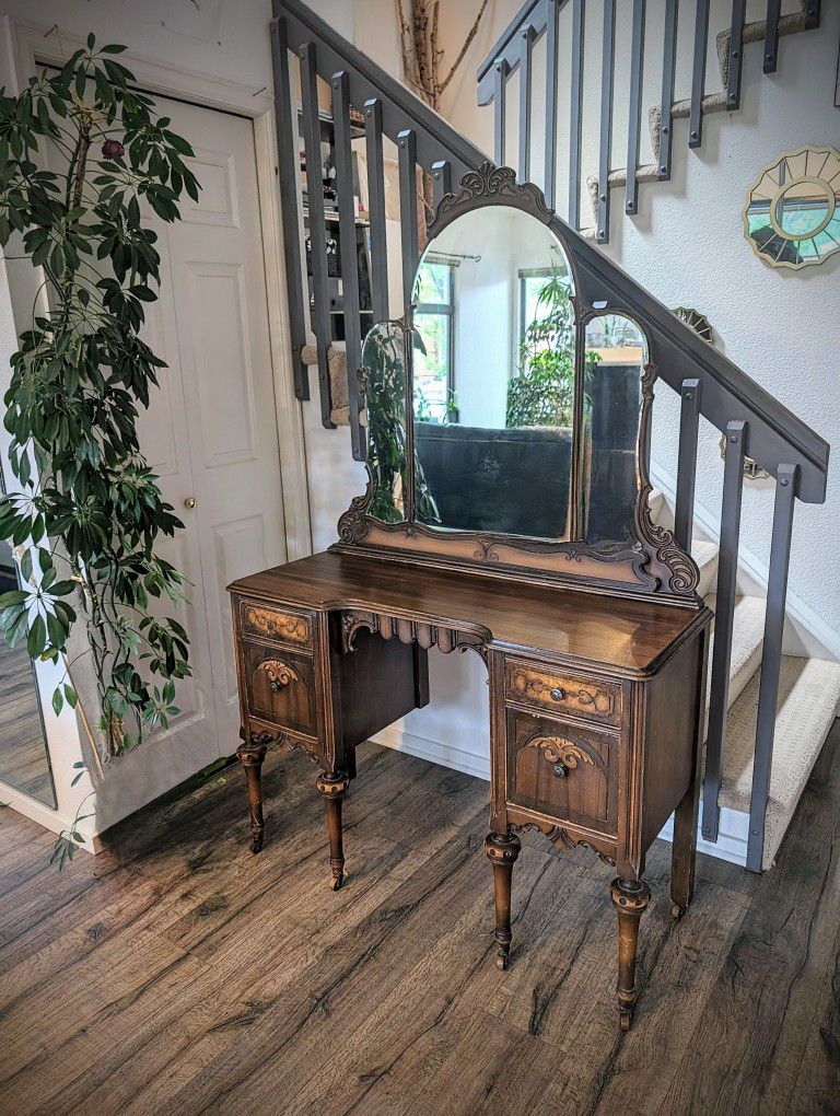 Vintage Vanity, 4-drawer Desk On Wheels, Solid Wood, Mirror