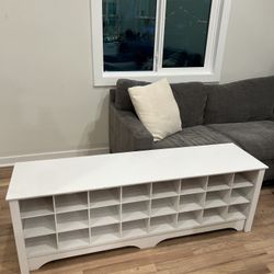 White Engineered Wood Shoe Storage Bench with 24-Cubbies