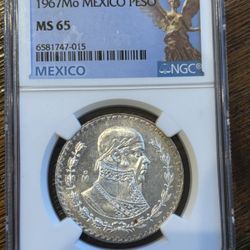 NGC MS65 Mexico Silver Peso – 1967-Mo