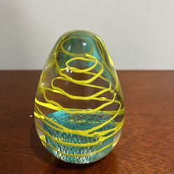 Vintage Art Glass Paperweight Clear w/Yellow Stripes and Green Latticino