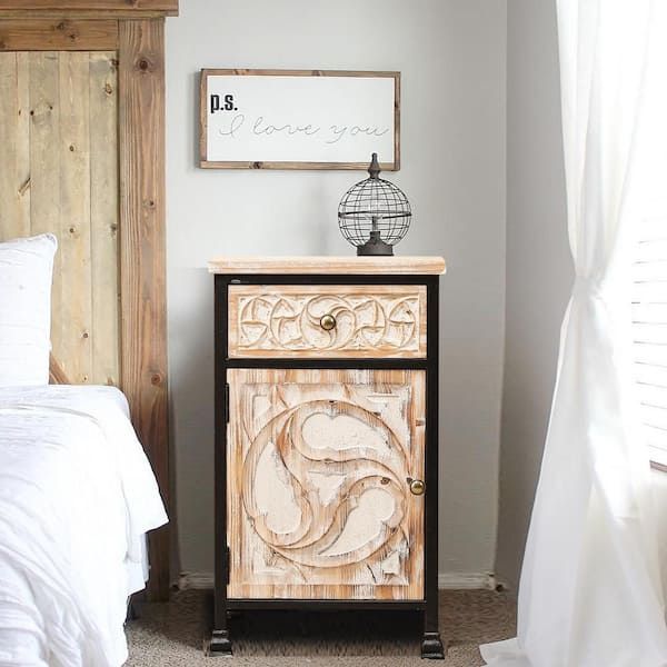 Black Metal Frame and Carved Wood 1-Door 1-Drawer End Table with Storage If950