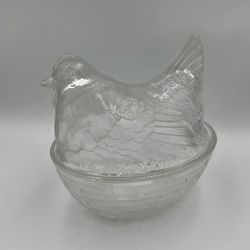 Vintage Hen On Nest Made In France Clear Glass Covered Dish by Luminarc.