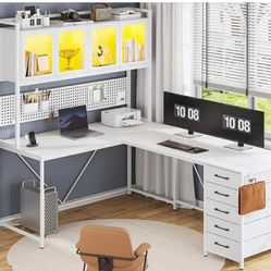 New -L Shaped Gaming Desk with Drawers, L Shaped Computer Desk with Hutch and Storage Shelves, Gaming Desk with Pegboard, Led Lights, and Power Outlet