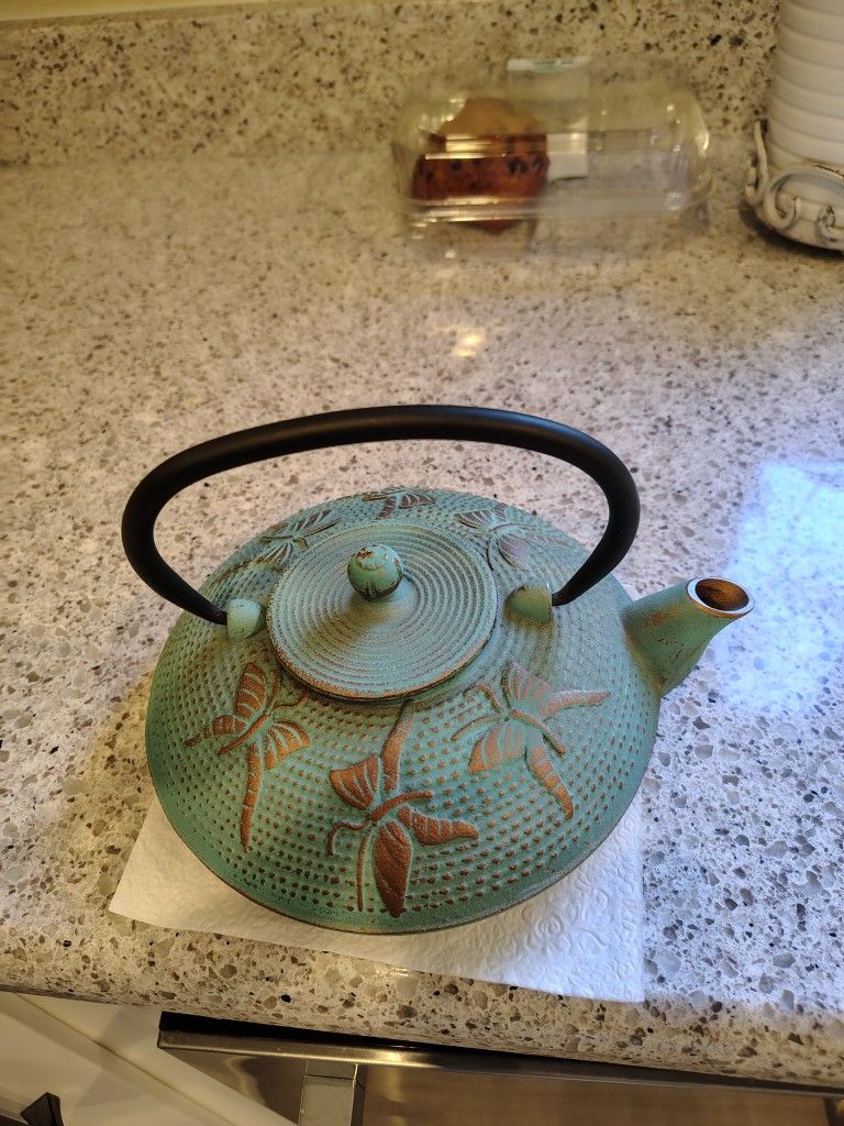 Beautiful Japanese Cast Iron Turquoise/Copper Butterflies Teapot