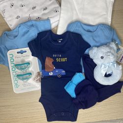 Blue Baby Boy Newborn Bundle Clothes, Pacifiers and Essentials