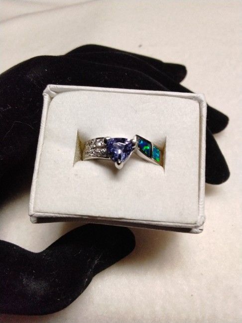 Amethyst With Australian Opal Inlay,  925 Sterling  Silver Ring 