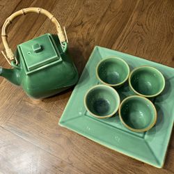Pottery Barn Discontinued Asian Square Light Green Stoneware Teapot, Teacups and Large Plate
